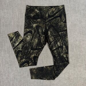 Nike Leggings Womens Medium Black Gold Metallic Speckle Logo Athletic Yoga Pants